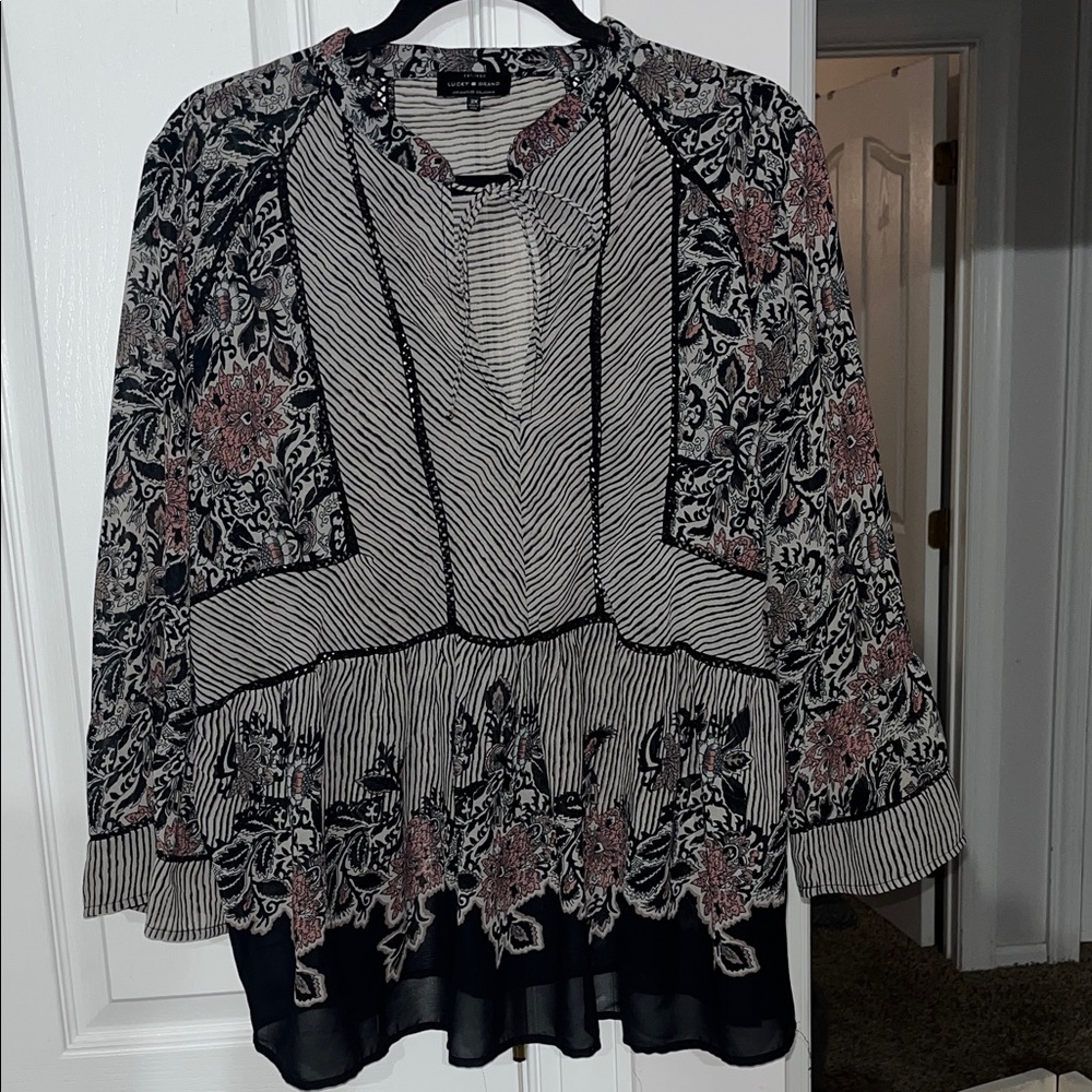 Lucky Brand semi-sheer black/pink boho pullover blouse size 2X